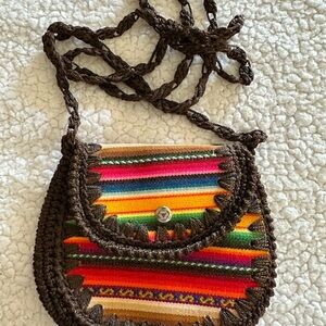 Handcrafted Brown Woven Crossbody Bag with Multicolor Stripe Detail